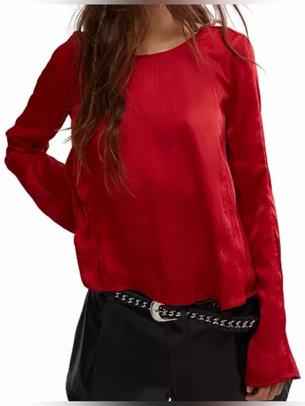 Free People Arabella Open Tie Back Satin Blouse M Women’s Long Sleeve Ruby Color